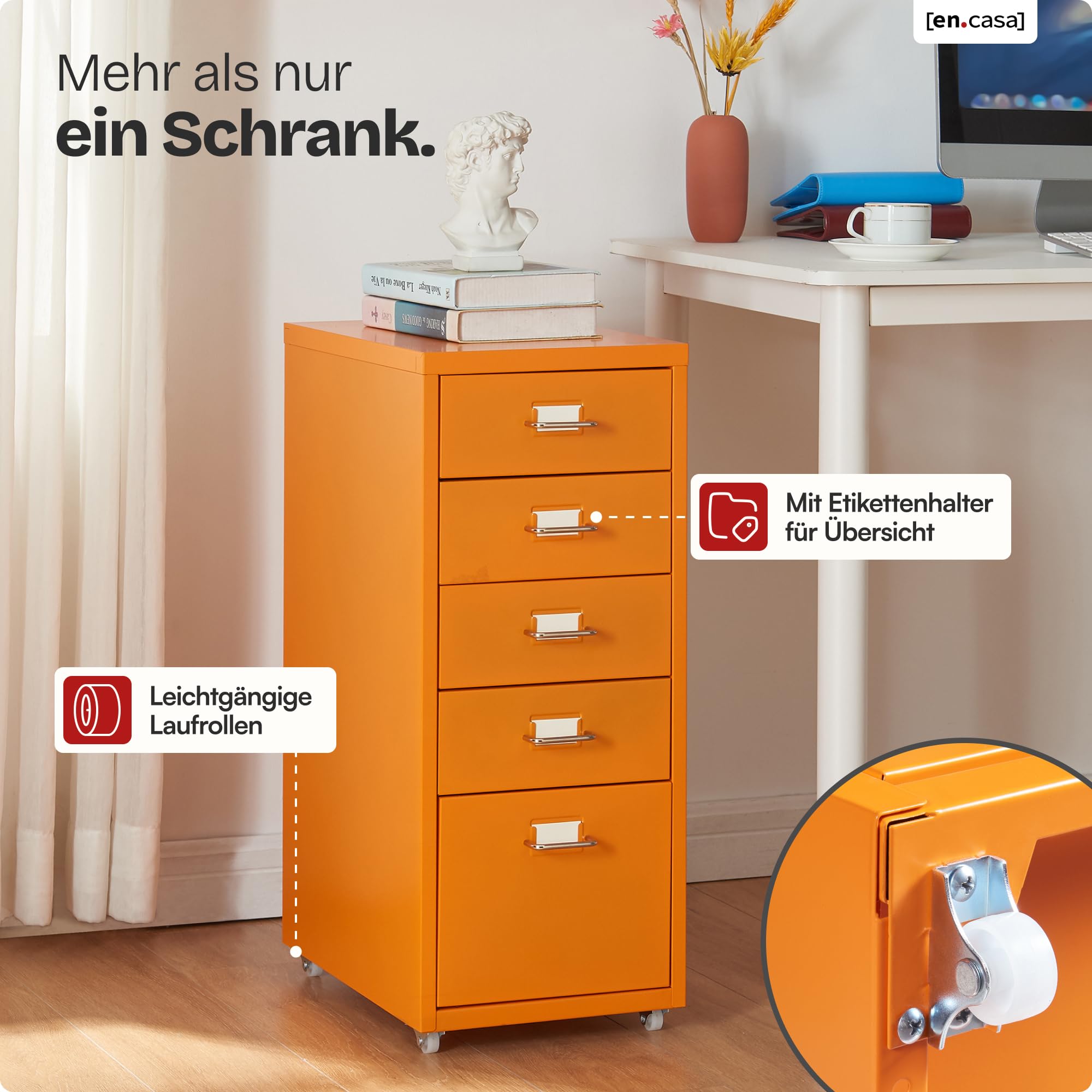 [en.casa] Rollcontainer Kökar Schubladenschrank Metall Aktenschrank mit 5 Schubladen Bürowagen mit Rollen für Arbeitszimmer 69 x 28 x 41 cm Orange