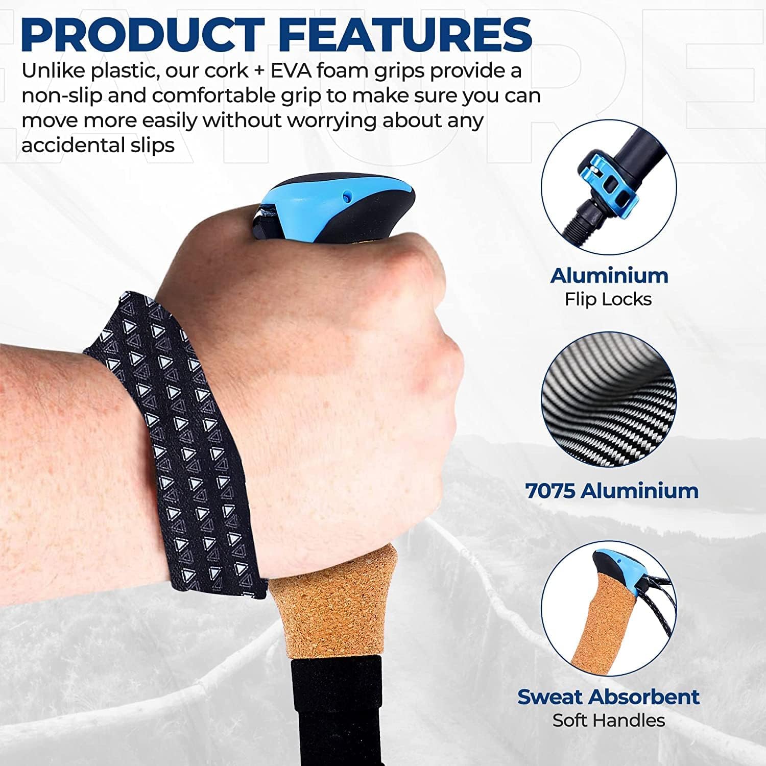 Adventure Pro Trekking Poles for Hiking - Anti Slip Collapsible Walking Sticks for Travel with Cork and Eva Grip, Lightweight Hiking Poles for Men and Women, 2 Sticks in 1PACK