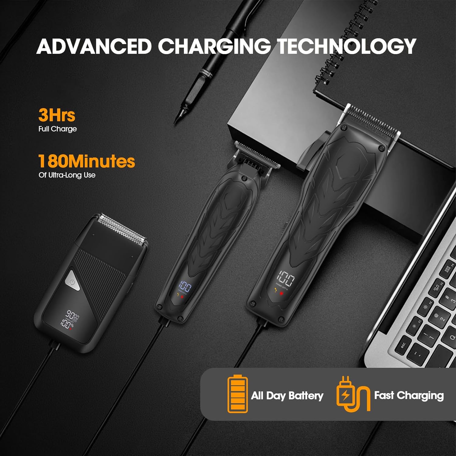 Professional Hair Clippers for Men, Barber Clippers and Trimmers Set, Foil Shavers for Men, 3 in 1 Cordless Hair Clippers Set Hair Cutting Kit Barber kit with LED Display - Image 6