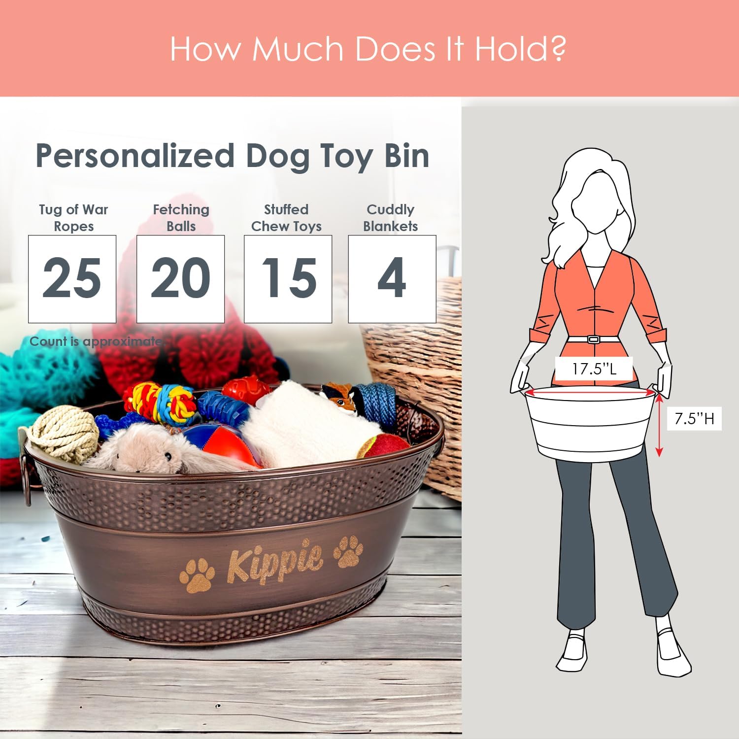 BREKX Personalized Metal Dog Toy Bin - Copper Galvanized Storage Bin with Handles, Basket for Pet Toys, Dog Toy Box, Pet Storage - Custom Dog Name Gift