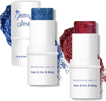 2Pcs Patriotic Glitter Stick, Red Blue Chunky Glitter Gel, Holographic Mermaid Sequins Makeup Paint, Multiuse Sparkling Glitter for Face Body Hair, Ideal for 4th of July Independence Day Party