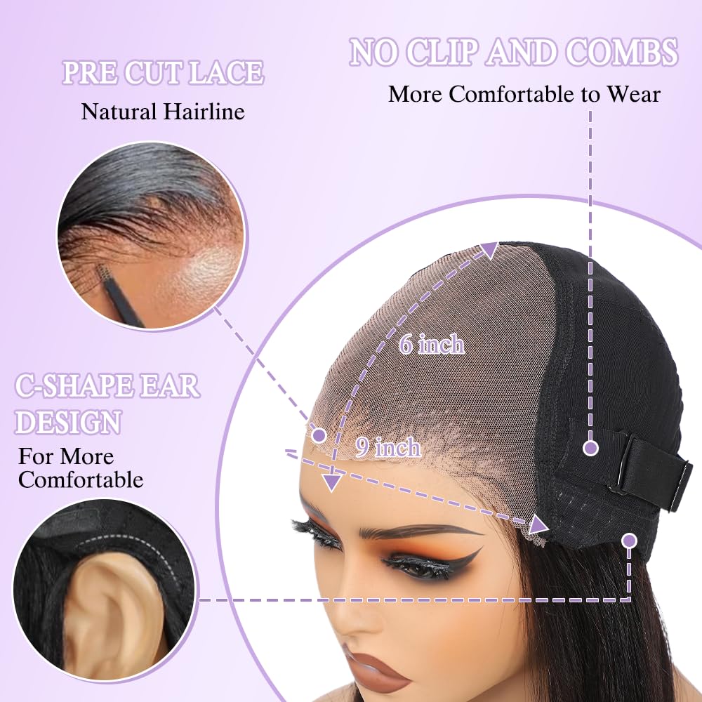 Bob Wig Human Hair Glueless Wigs Human Hair Pre Plucked Pre Cut Yaki Straight Human Hair Wig 180% Density 9x6 HD Lace Front Wigs for Black Women 14Inch