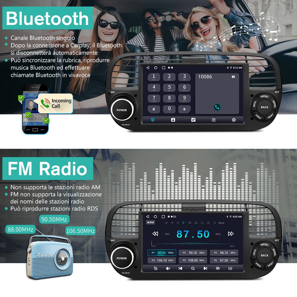 AWESAFE Android 13 Autoradio per FIAT 500 (2007-2015) lo stereo 7 pollici 1 din (4GB＋64GB) Supporto CarPlay Android Auto GPS WIFI Bluetooth MirrorLink (Nero)
