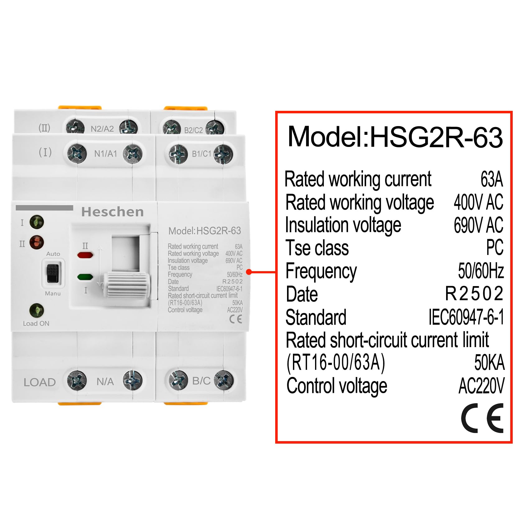 Heschen ATS Dual Power Interruptor de transferencia automática, HSG2R-63, 63 A 400 VAC, clase PC, control de alimentación, interruptor de transferencia ininterrumpido, montaje en carril DIN de 35 mm