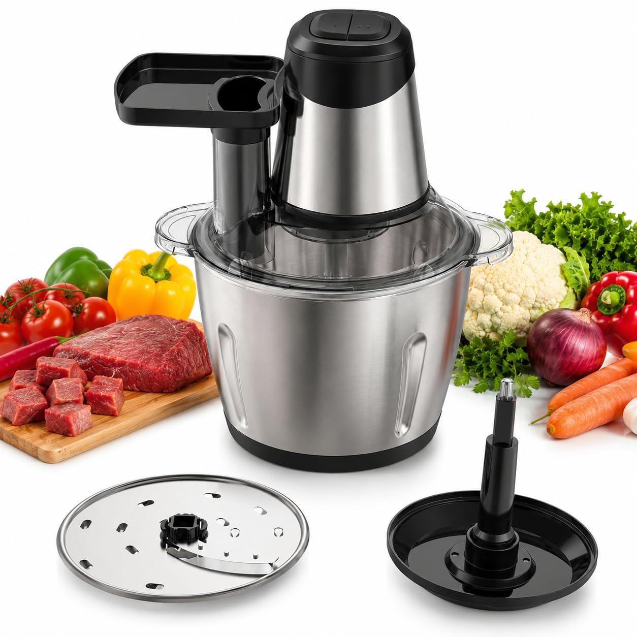 Royal Swiss® Elektrischer Zerkleinerer, 1000 W, 4 l, mit Glasschale – Zerkleinerer für Fleisch & Gemüse – 4 Klingen aus Edelstahl – 2 Geschwindigkeitsstufen – professioneller Mini-Zerkleinerer Küche