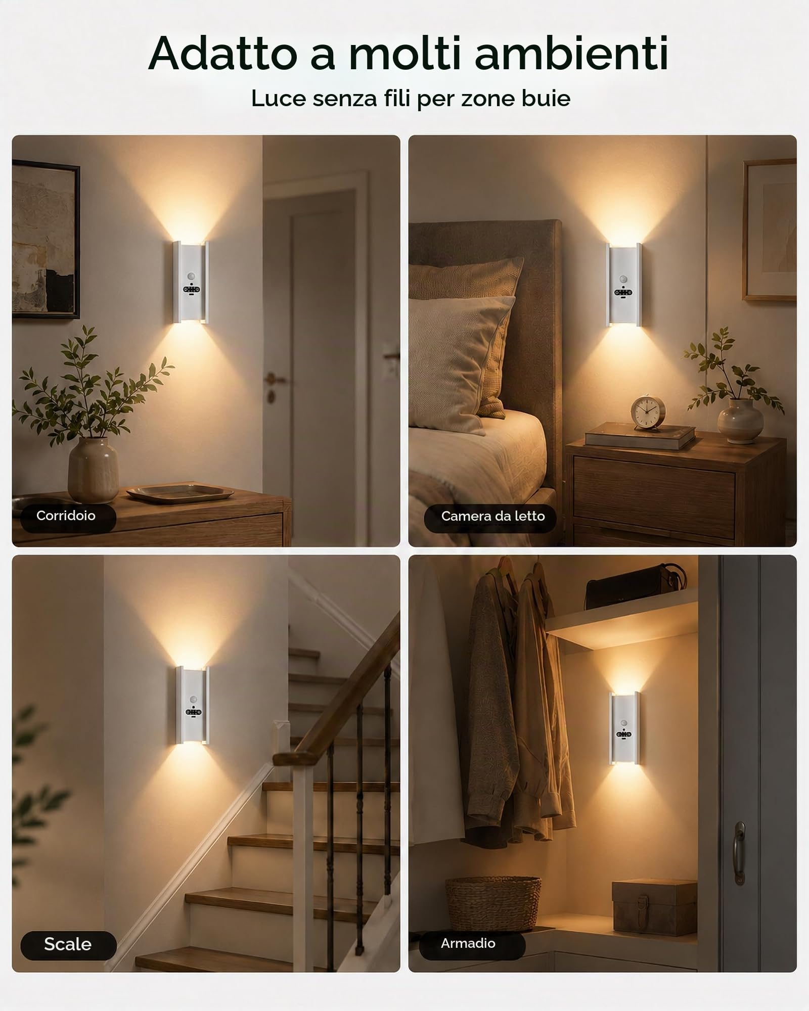 ACMHNC Lampada da Parete Senza Fili, Applique Ricaricabile da parete interno con Sensore di Movimento, 5W LED lampade senza corrente, Bianco Caldo, per Cameretta, Scale, Corridoio, Bianco