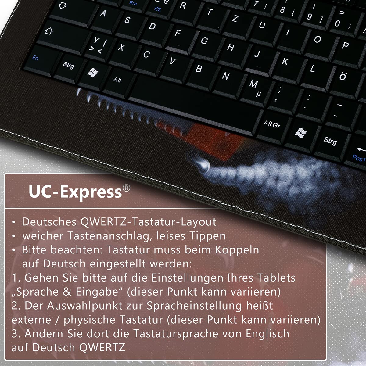UC-Express Keyboard Case Für Doogee Tab A9 / A9 Pro 10.1 – Mit QWERTZ-Tastatur, Standfunktion & USB-C-Adapter, Schwarz