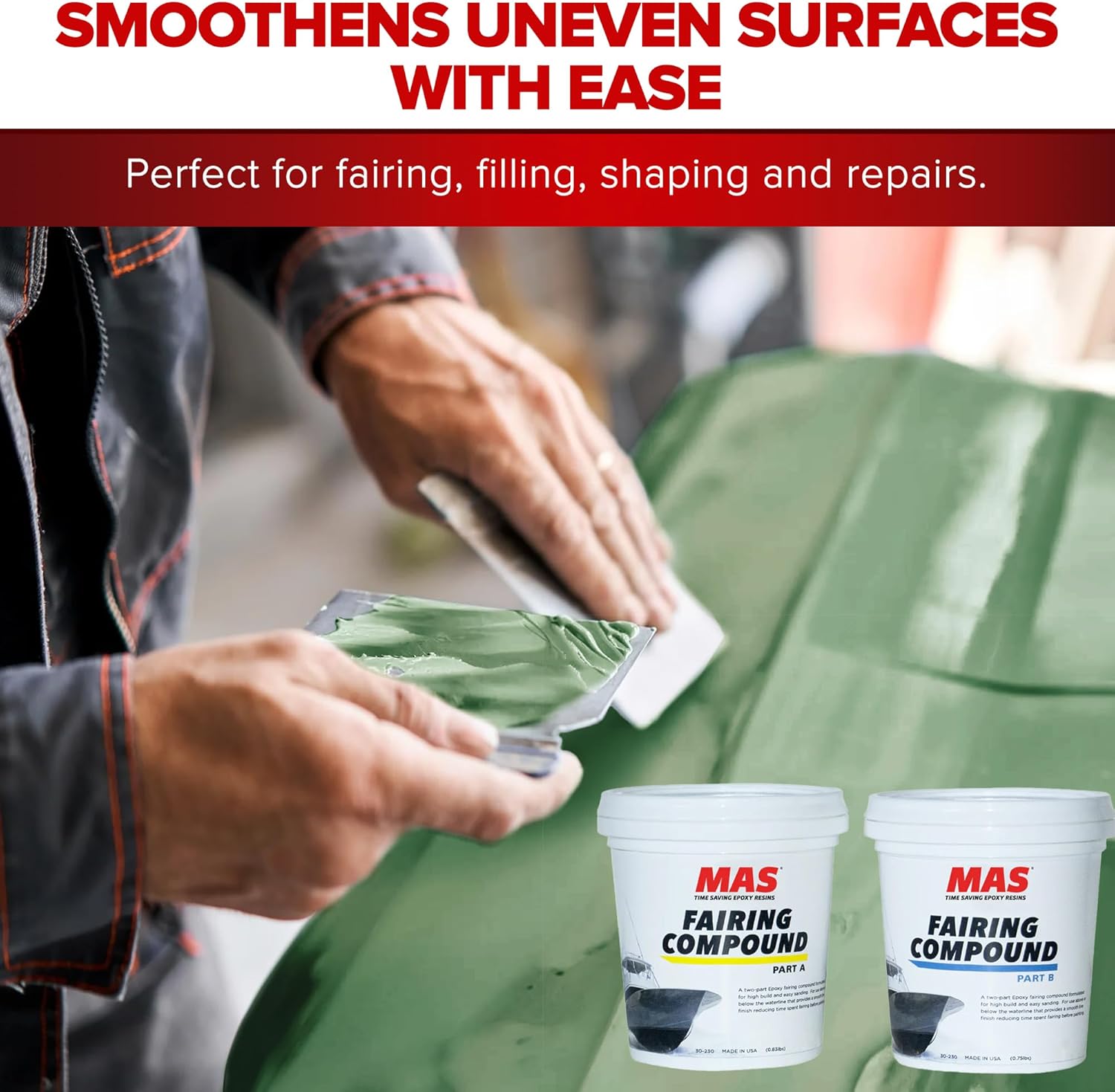 MAS Epoxies Fairing Compound, Pre-Filled Epoxy Fairing Compound for Fiberglass, Wood, and Marine Repair, Easy Sanding, Non-Sag, Smooth Texture, Body Filler Alternative for Boat Surfaces (2 Pint Kit)