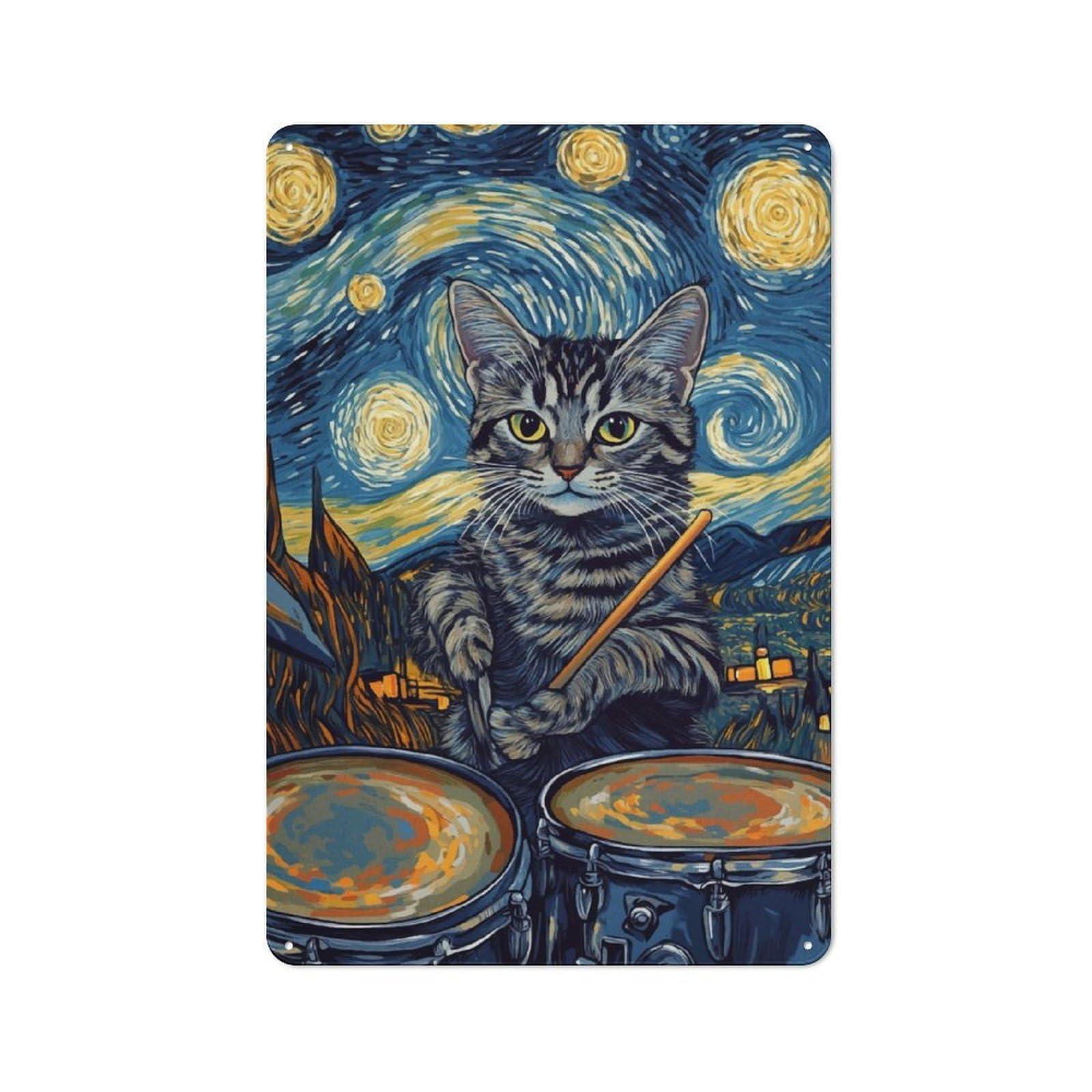 Junmoney Cat Drummer Starry Night Classic Metal Wall Decor 30X20cm, Tin Sign For Bar, Kitchen, Garage Or Games Room
