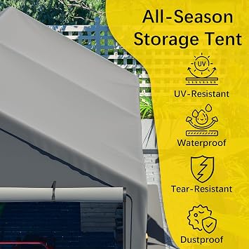 BIRCHTREE Outdoor Garden Storage Tent Bike Motorcycle Carport Shed Shelter Steel Frame Zipper Door Waterproof Cover Dark Grey 10x10FT