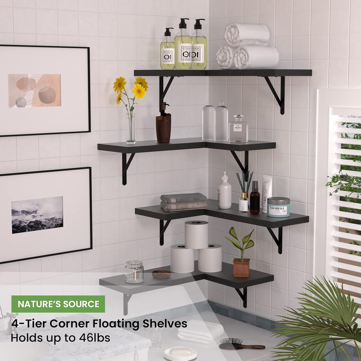 NATURE'S SOURCE Corner Floating Shelves Set of 4, Corner Shelves Wall Mounted, for Bedroom Kitchen Living Room Bathroom Office- Gothic Style (Black, Set of 4)