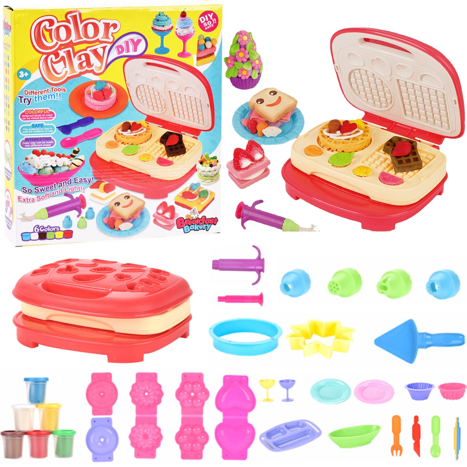 Play Color Dough Sets for Kids Kitchen Creations Waffle Maker Food Cooking with 6 Color Case Reusable Clay and Accessories Tools Kits Playset Gifts Toys Art Craft Party Toddler