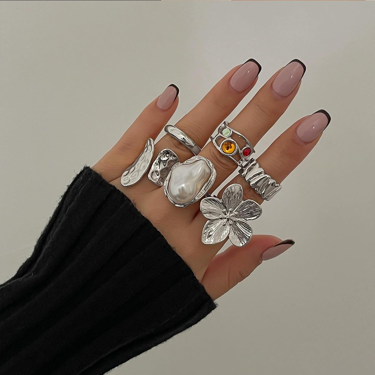 Chunky Gold Rings for Women Non Tarnish Stackable Baroque Pearl Flower Knuckle Rings Set Aesthetic Silver 6Pcs Trendy Dainty Open Midi Ring Set Jewelry Gifts - Image 3