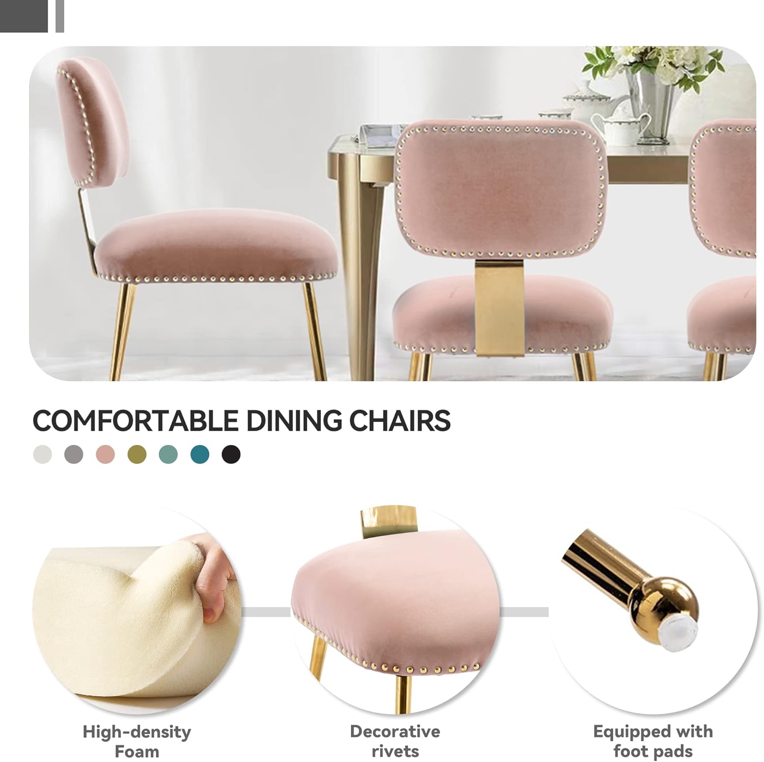 Dining Chairs, Modern Velvet Upholstered Accent Chairs Set of 2, Vanity Chair with Gold Metal Legs for Living Room, Bedroom and Waiting Room (Pink)
