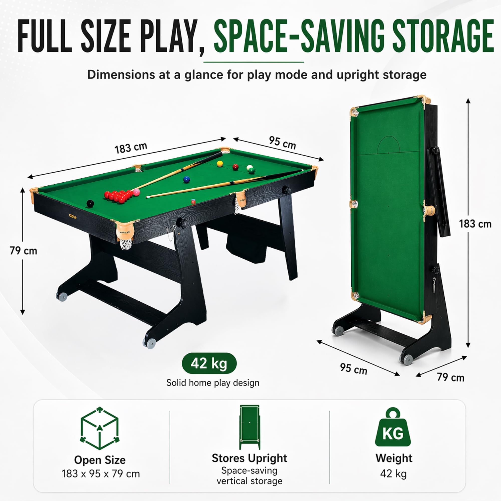 Riley Table De Billard/snooker 1,8m – Pieds W, Montée, Pliable, Roulettes, Jeux De Boules Et Queues Inclus