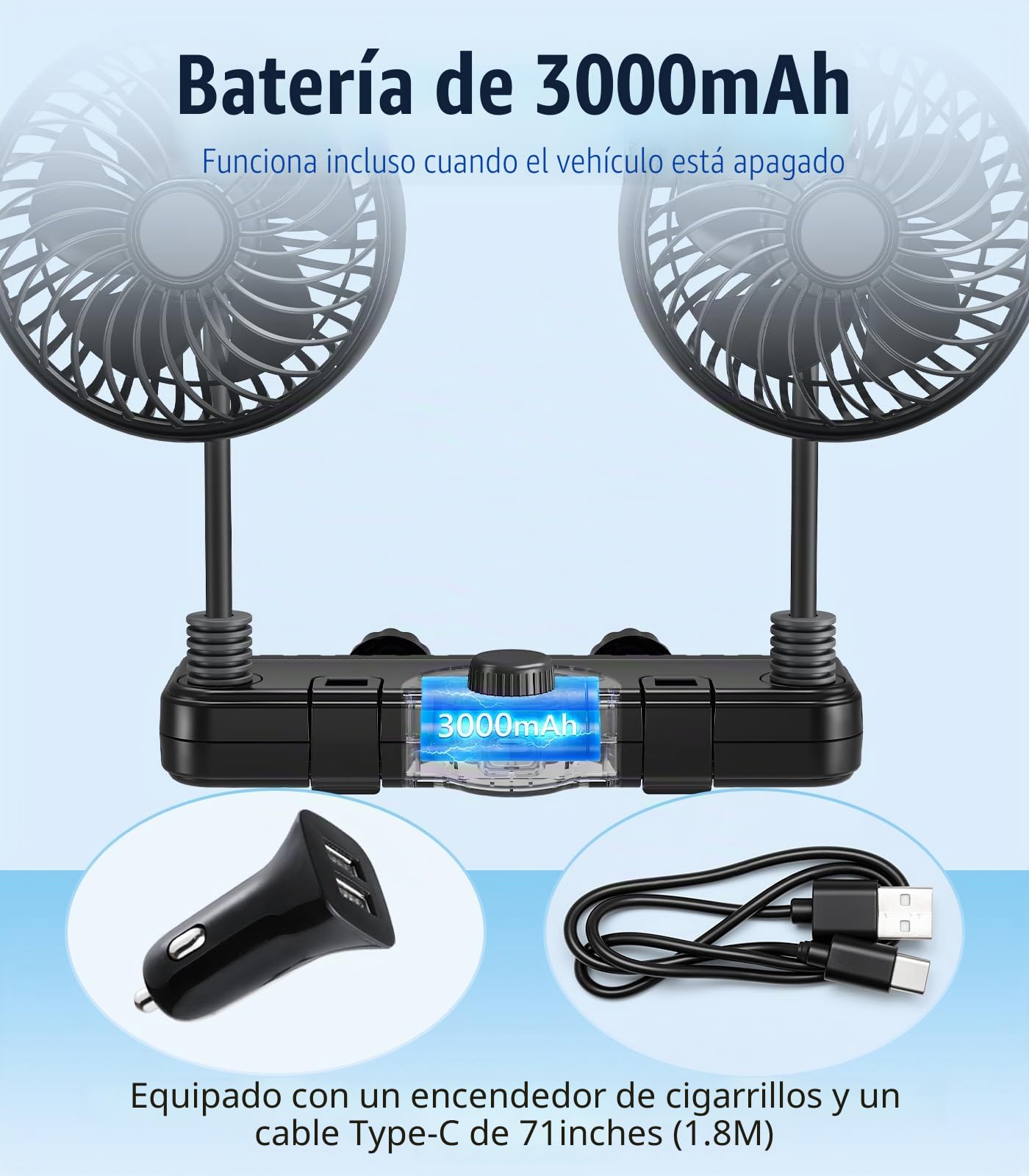 Ventilador recargable de 3000 mAh de doble manguera 360 para coche, SUV, RV, camioneta, reposacabezas de vehículo, ventilador de asiento de coche para bebés y niños, orientación trasera