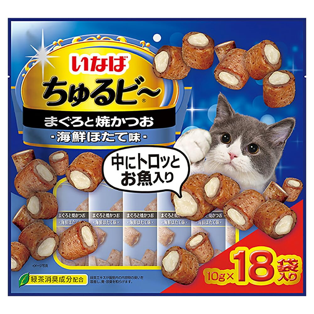 いなば ちゅるビ~ まぐろと焼かつお 海鮮ほたて味 10g×18袋 猫用おやつ商品画像