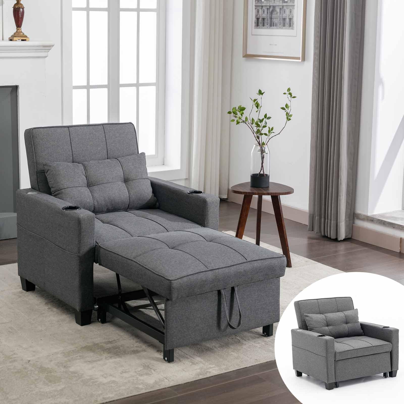 Keainvren Sleeper Chair Bed Convertible Chair Bed Pull Out Chair Beds with USB Charging & Cupholders Adjustable Backrest Leather Futon Chair Bed for