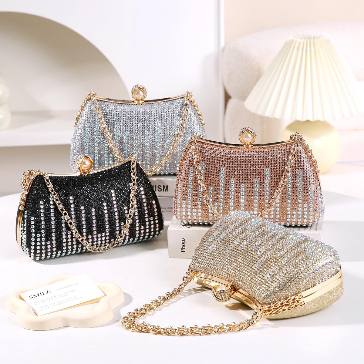 Dreubea Womens Fashion Rhinestone Evening Handbag with Chain Shiny Tote Clutch Bag