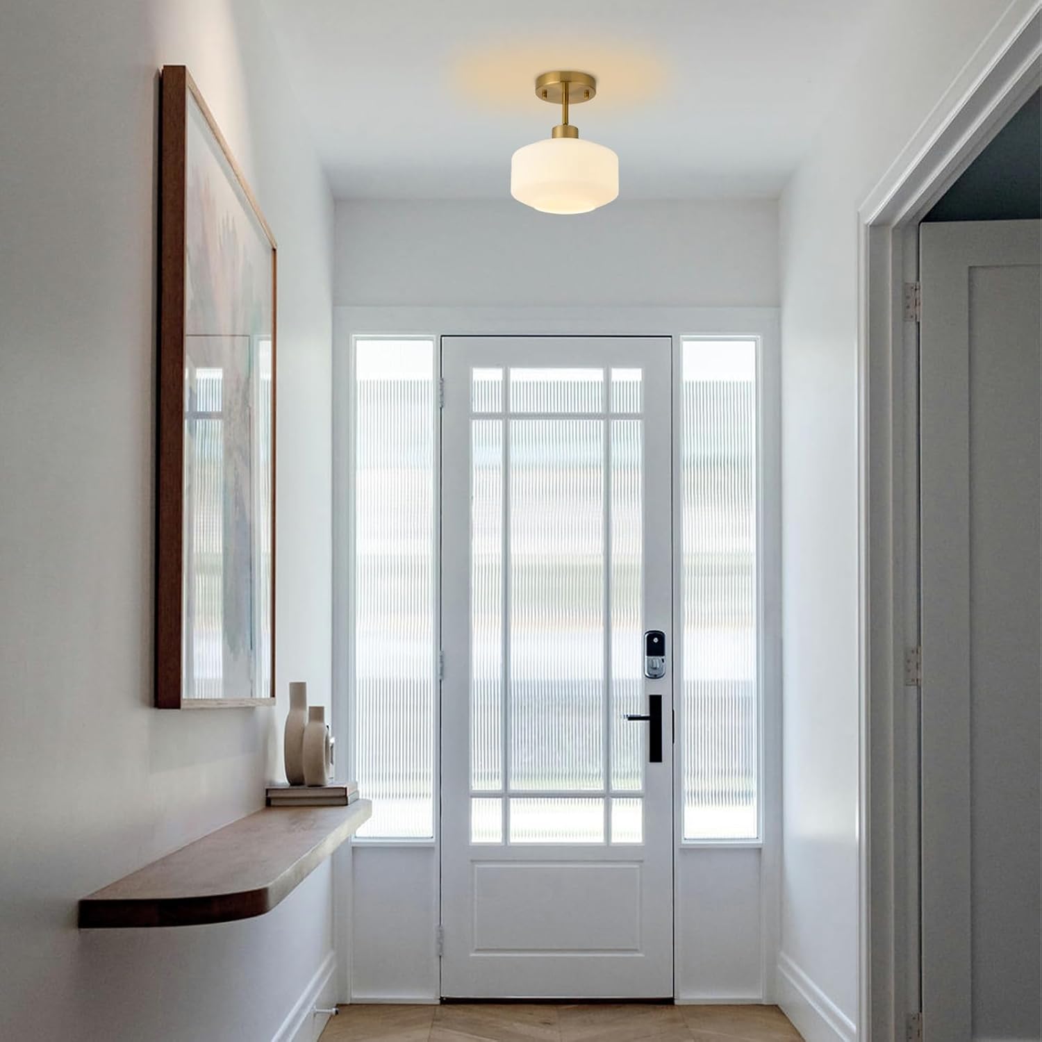 Upgraded Modern Brass Semi Flush Mount Ceiling Light Fixture, Adjustable Hanging Gold Farmhouse Ceiling Light, 8.66" Milk White Glass Shade, Sloped Ceiling Adaptable, for Hallway, Entryway, Kitchen