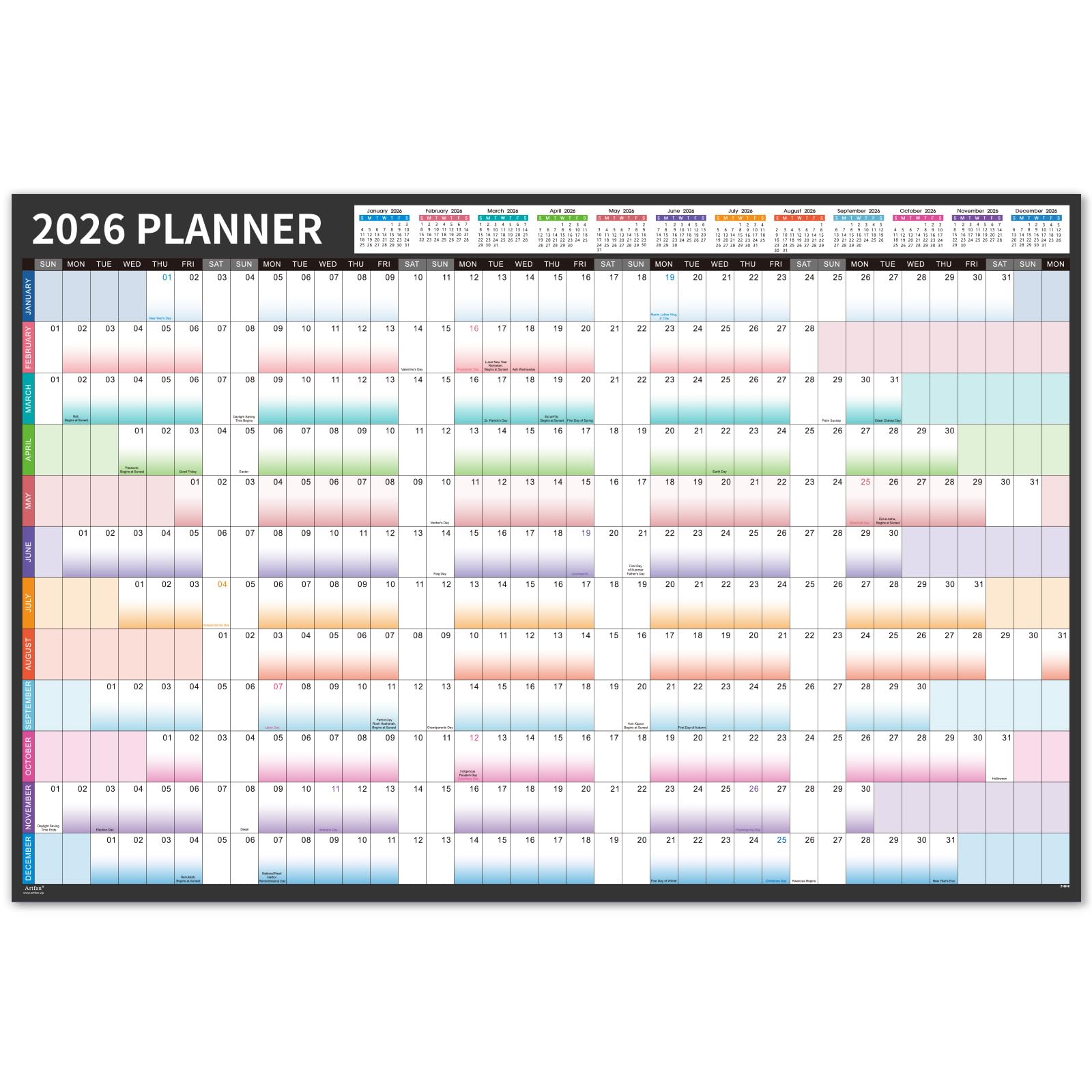 2026 Yearly Wall Calendar - 2026 Wall Calendar, Jan.2026 - Dec.2026, 12 Monthly Calendar with Julian Dates, Round Sticks, 34.6" × 23.11" (Open),