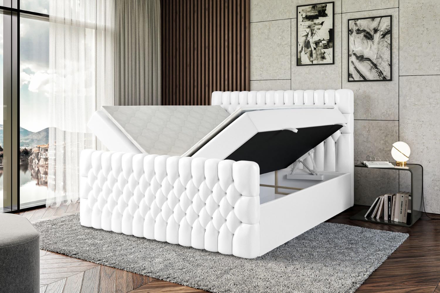 ALTDECOR Boxspringbett mit Matratze und Lattenrost, Boxbett, Topper, Fußteil, Polsterbett mit Bettkasten, Bett mit Stauraum H3-Matratze, Doppelbett, Springboxbett -Serene-Z - 180x200 Weiß Kunstleder