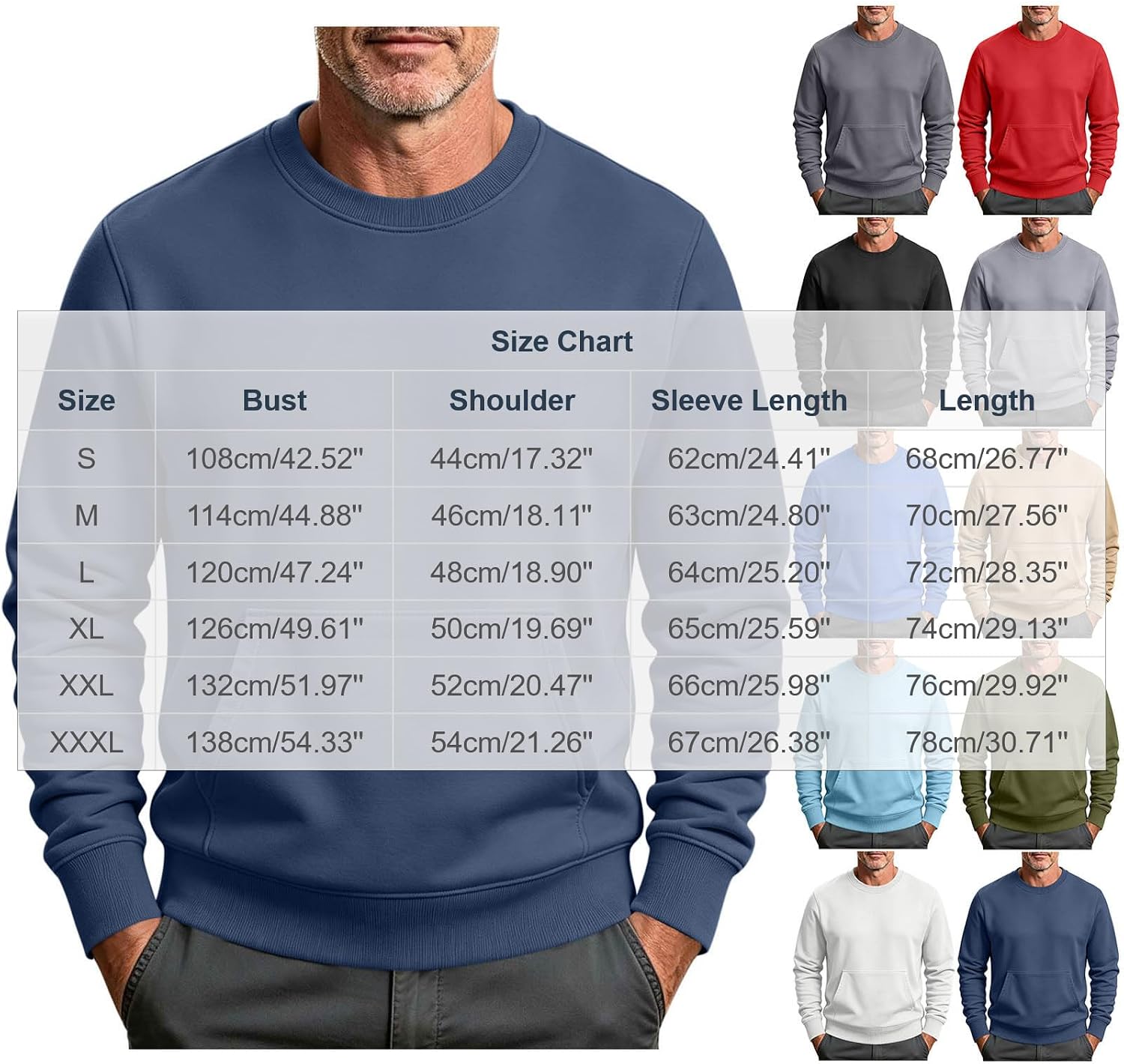 Men Crew Neck Pullover Shirt Kangaroo Pocket Long Sleeve Casual Top