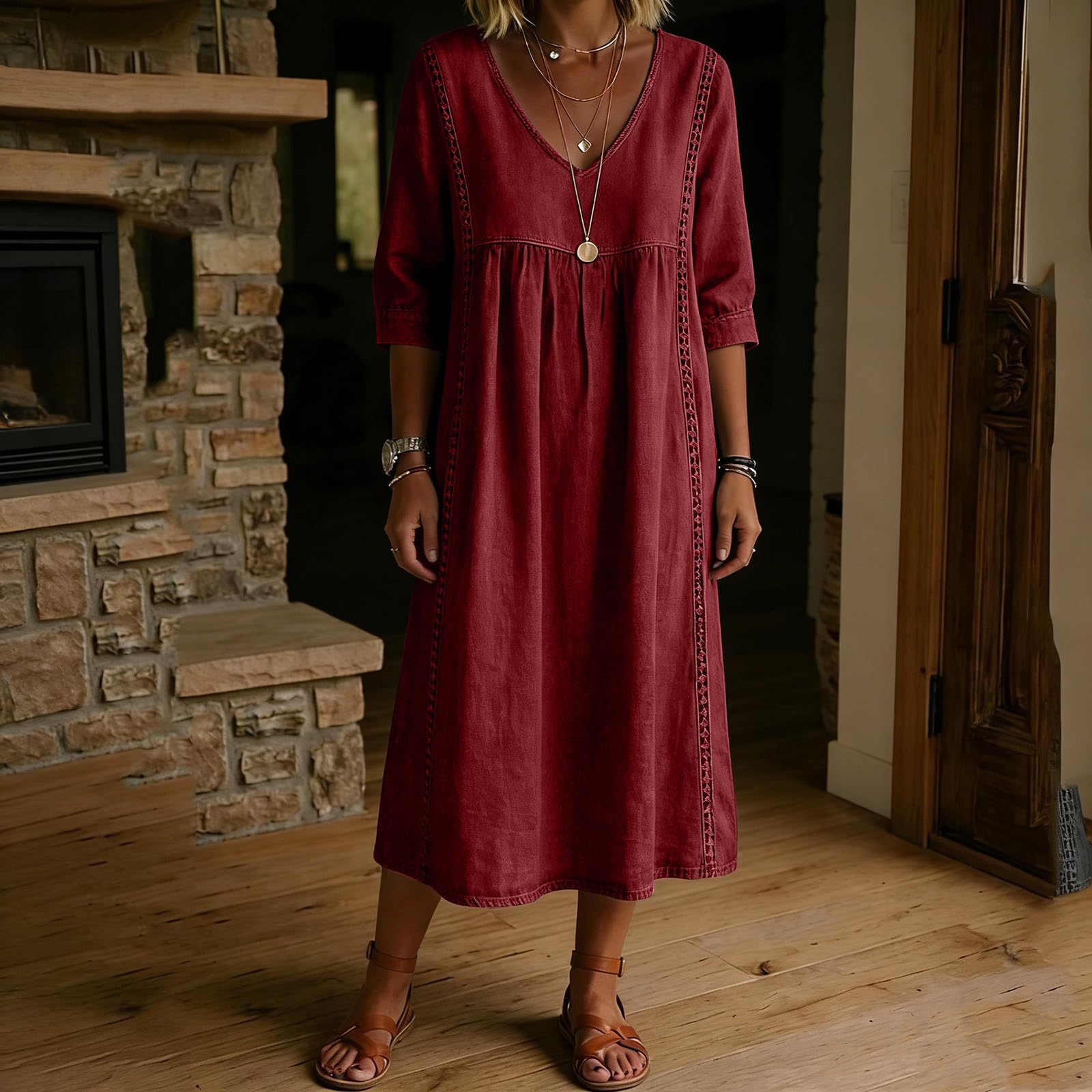 Sommerkleider Damen Leicht Luftig Baumwolle Leinen Maxikleid V-Ausschnitt Musselin A-Linie 3/4 arm Leinenkleid Hohe Taille Button Down Freizeitkleid Blusenkleid Shirtkleid Strandkleid