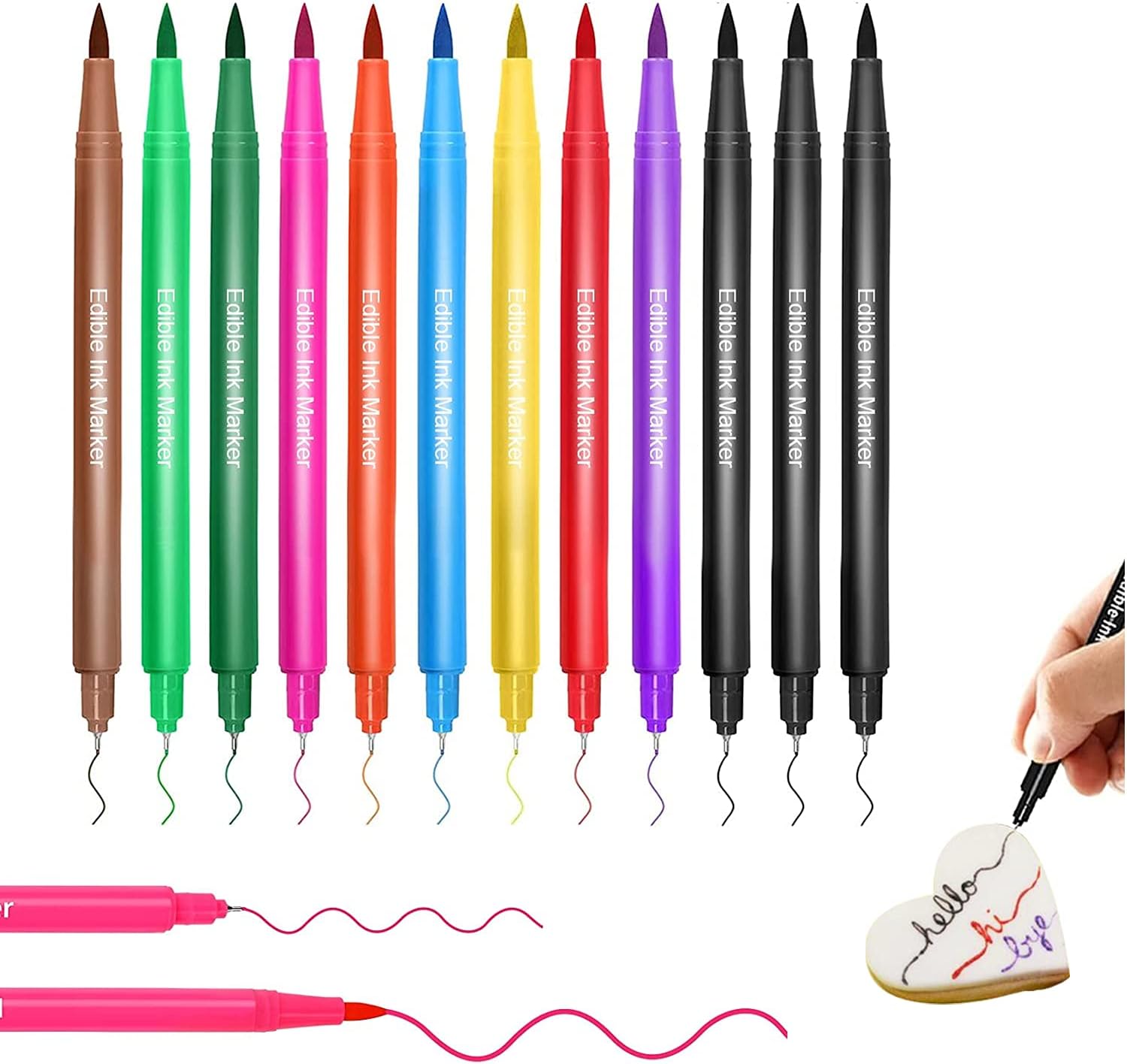 Food Coloring Pens, Upgrade 12Pcs Food Coloring Marker Pens Dual Sided Edible Markers with Fine（0.7mm）and Thick Tip Food Grade Gourmet Writers for DIY Fondant Cakes Frosting Baking Party