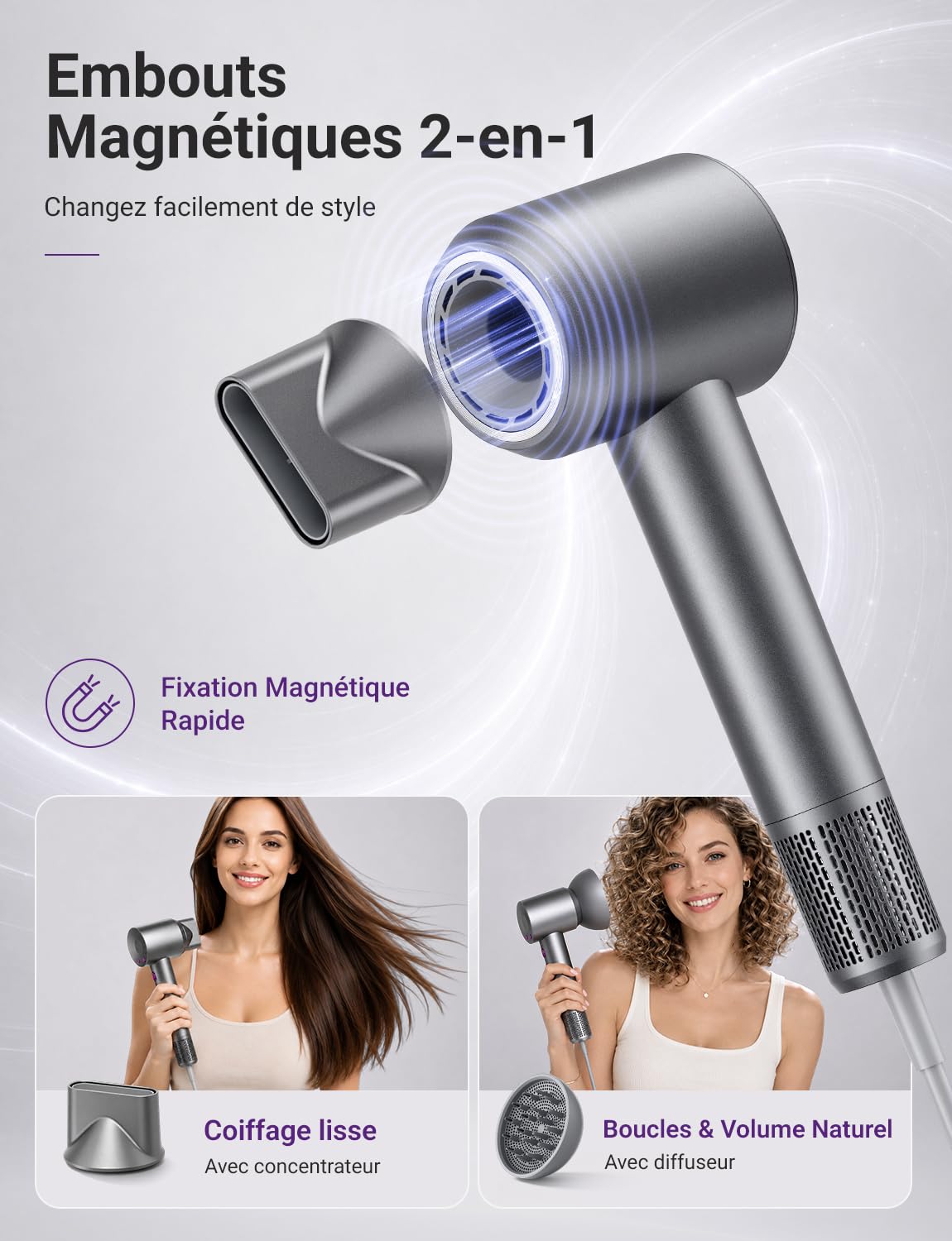 Sèche Cheveux Ionique Haute Vitesse 160000 tr/min 500 Millions d’Ions Anti-Frisottis Sèche-Cheveux avec Diffuseur Magnétique pour Cheveux Bouclés Séchage Rapide 4 Températures 3 Vitesses