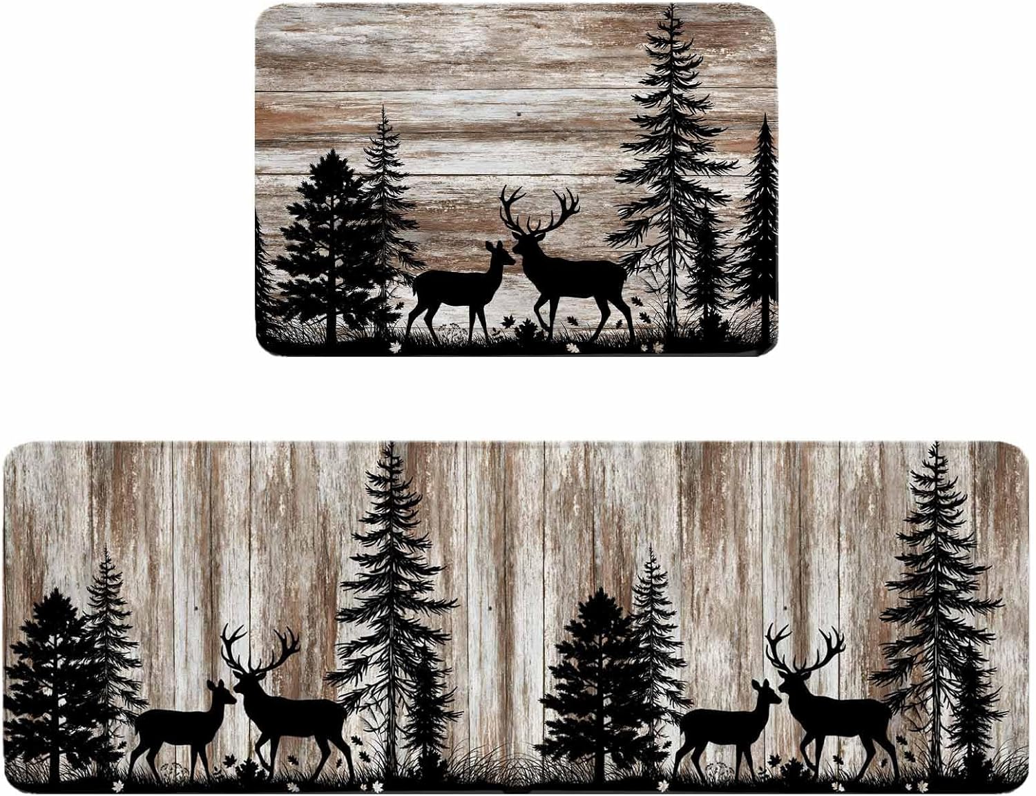 Deer Silhouettes Kitchen Rugs and Mats Set of 2, Non-Slip Kitchen Sink Mat, Trees Wooden Retro Art Farmhouse Washable Doormat Bathroom Rugs Runner for Bedroom/Living Room 23.6"x35.4"+23.6"x70.9"