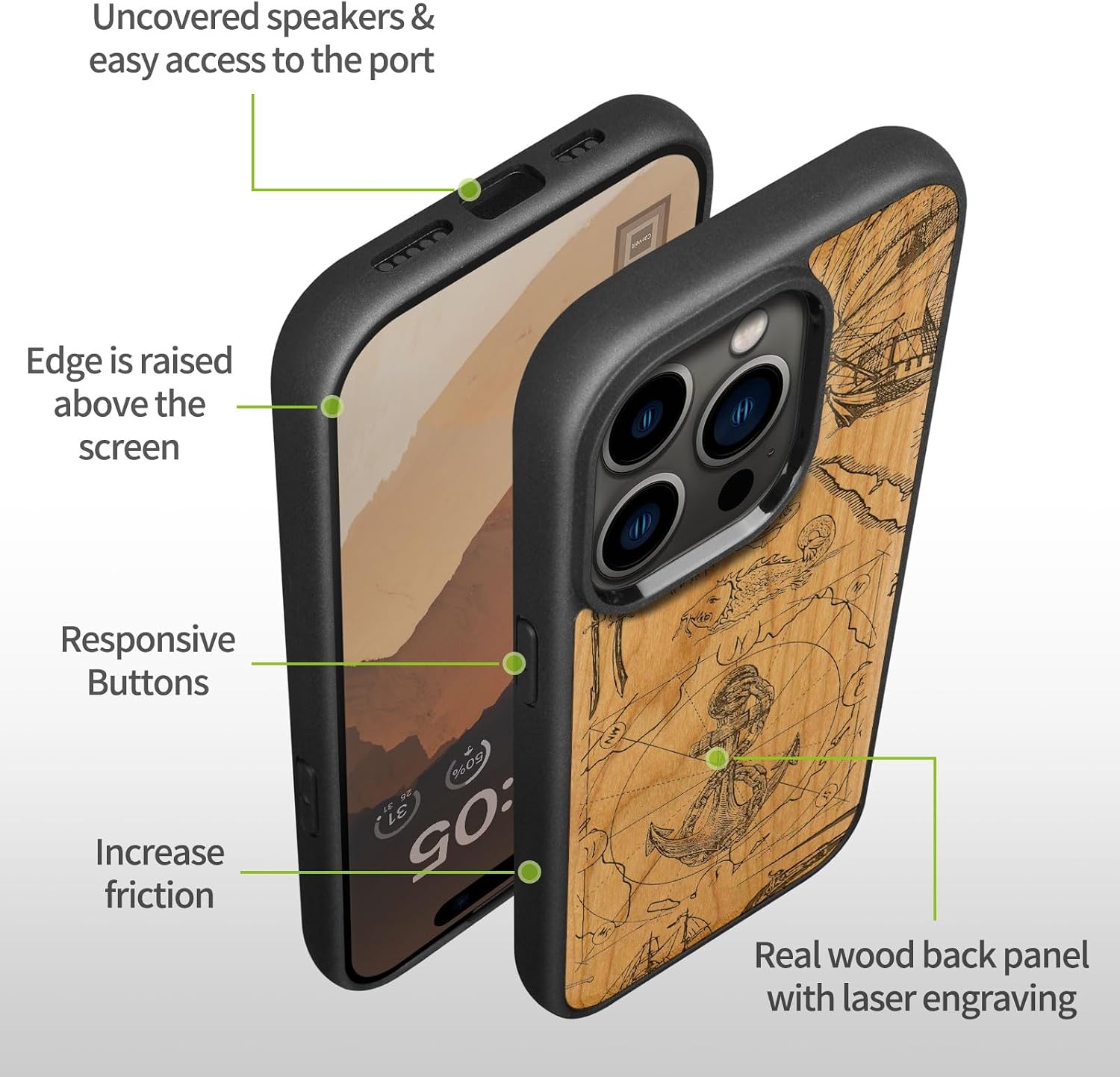 Carveit Magnetic Wooden Case for iPhone 15 Pro Max Case, Compatible with MagSafe Wireless Chargers, Black Soft TPU Shockproof Cover & Wood Artisan Engraved (Vintage Pirate Anchor) - Cherry