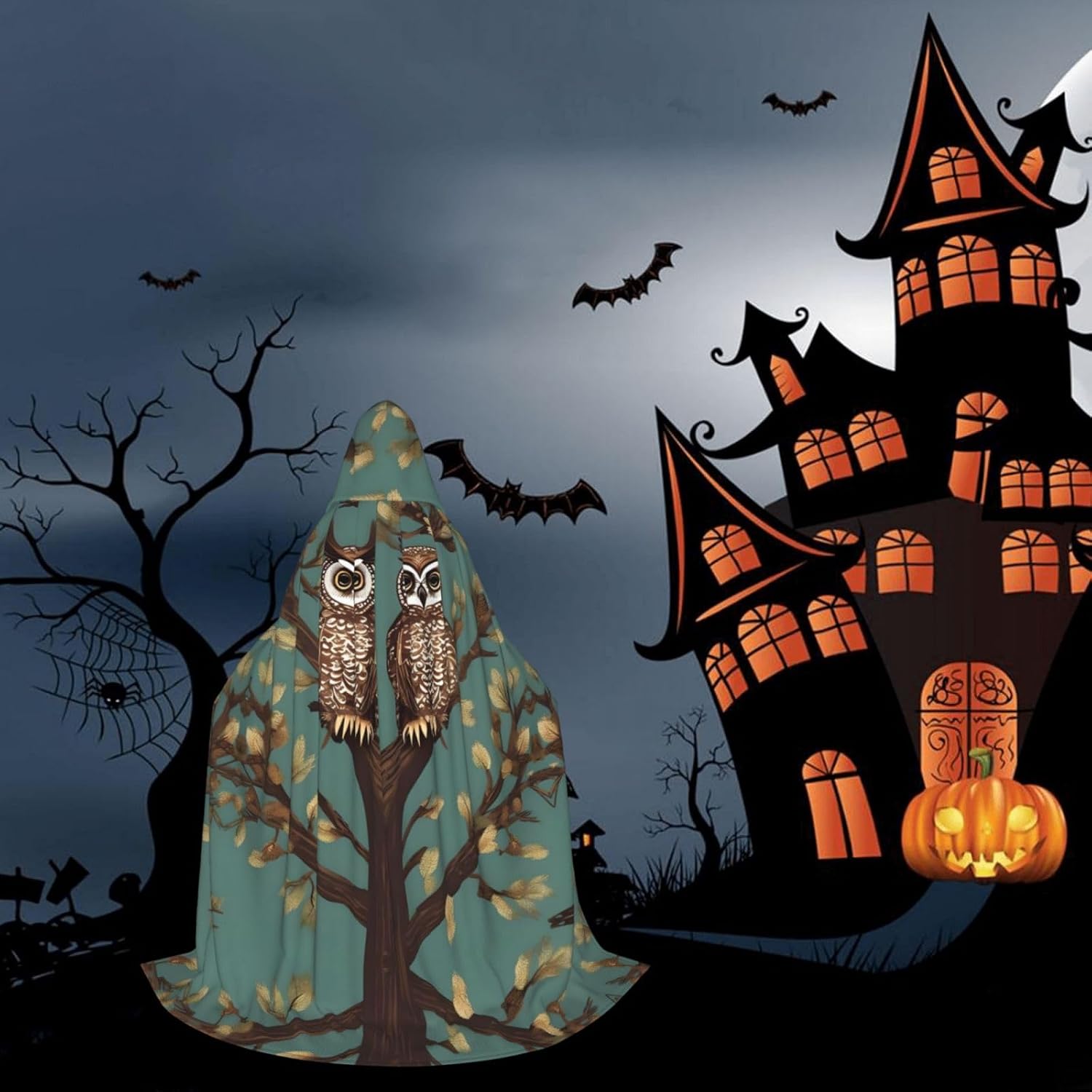 Owl Tree Branches print Wizard Hooded Robe Medieval Cape Renaissance Cloak for Men Women Halloween Costume