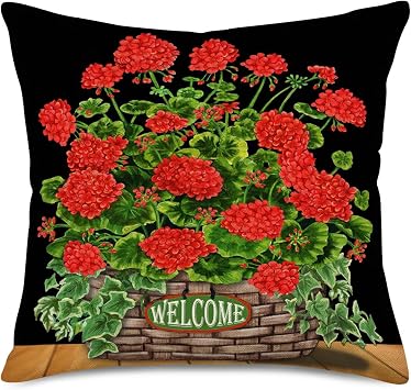 Red Geranium Flowers Pillow Covers 20"X20" Rustic Potted Plants with Welcome Words Throw Pillow Cases Cushion Cover for Outdoor Garden Chair Summer Decorative Geranium, 20"X20"