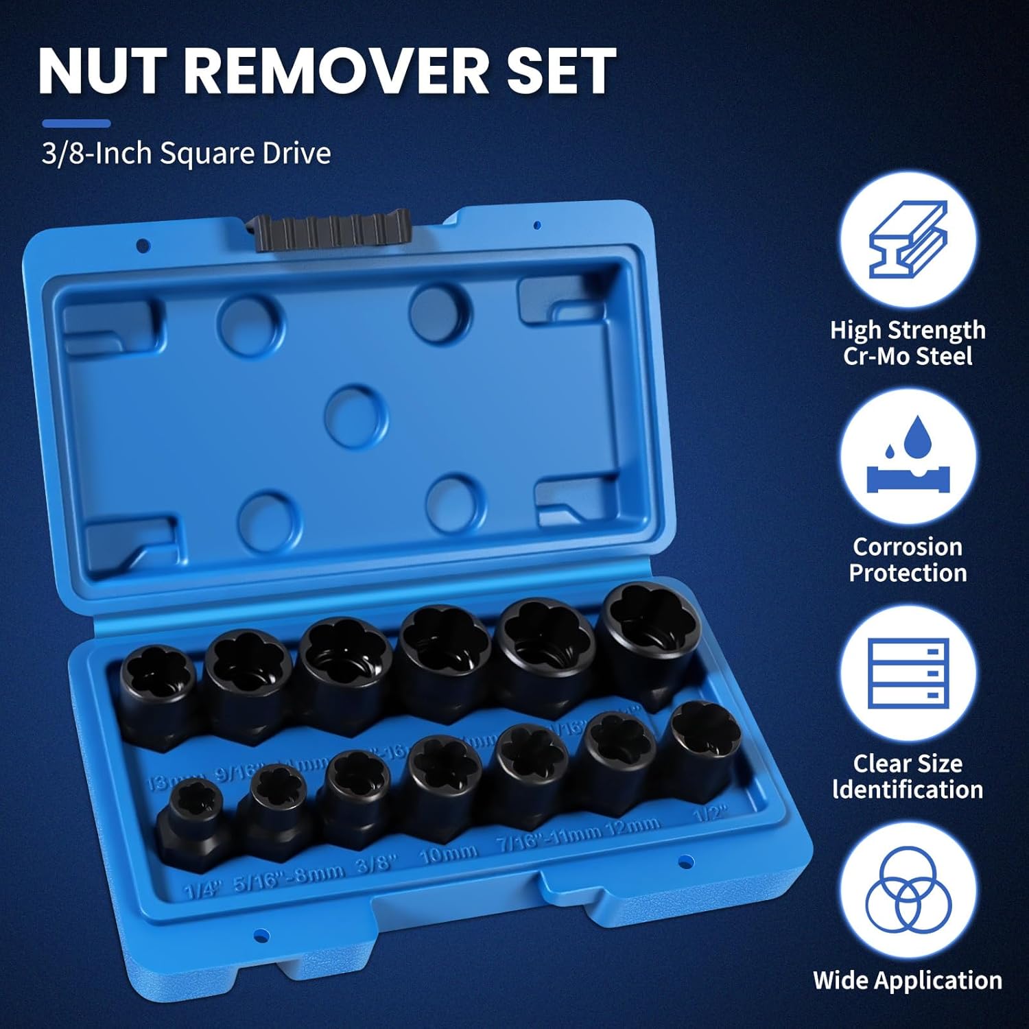 13-Piece Bolt Extractor Kit, Stripped/Lug Nut Removal, 3/8" Drive Screw Extractor Socket Set, SAE & Metric for Damaged, Rusted, Frozen Nuts and Bolts