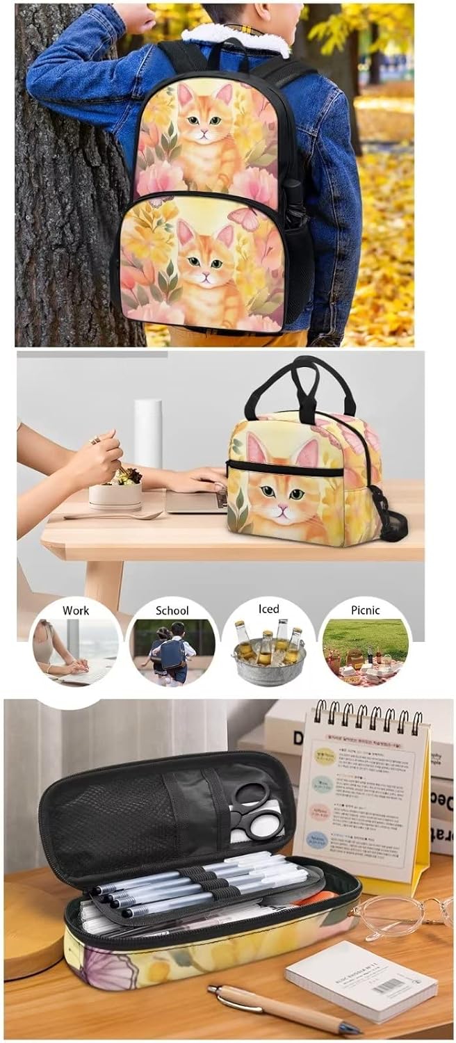Cute Cartoon Cat Backpack, Kids Backpack Set of 3, Insulated Lunch Tote And Pencil Case Stationery Bag
