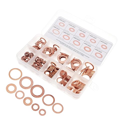 Yardenfun 200pcs Copper Flat Washer Set with Sealing Gaskets, Copper Gasket Assortment Box for Automotive and Industrial Sealing Applications