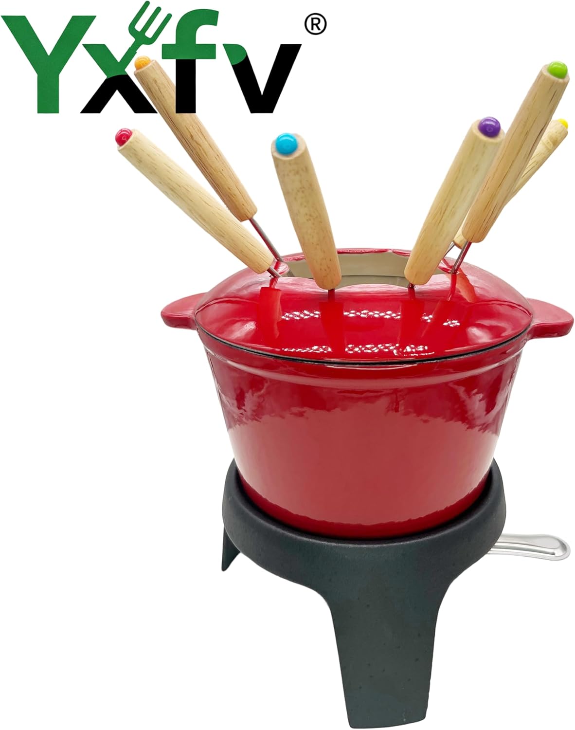 1.6 Quart Cast Iron Fondue Set, Enameled Pot with Burner & 8 Pcs, Perfect for Cheese, Chocolate, Meat - Family Gift for Christmas, Valentine‘s Day
