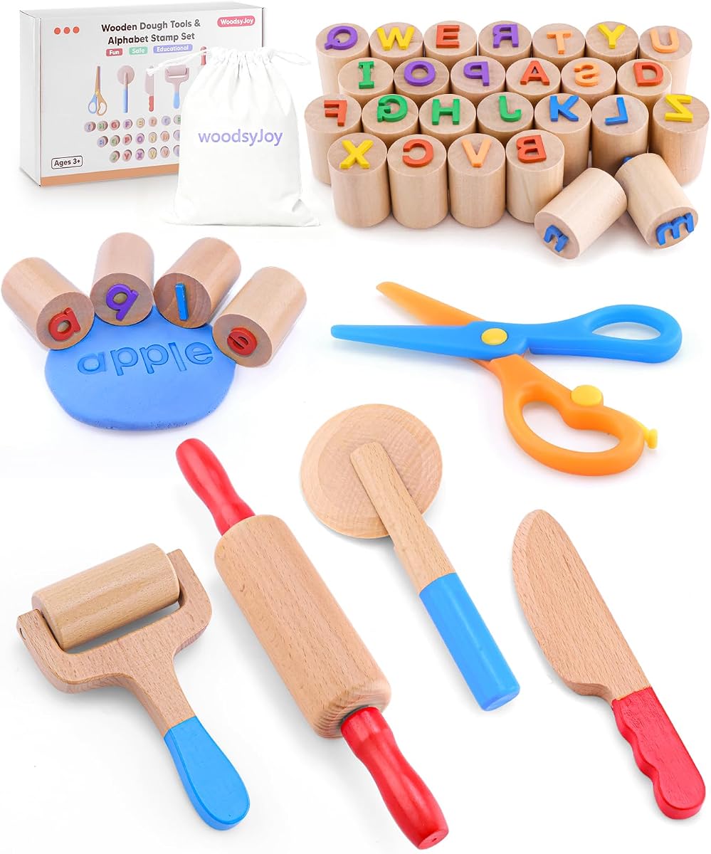 Juego de herramientas para masa de madera para niños de 3 a 6 años, rodillo y sellos de letras | Sellos de doble cara • Letras mayúsculas y minúsculas • Cortadores de arcilla • Aprendizaje creativo