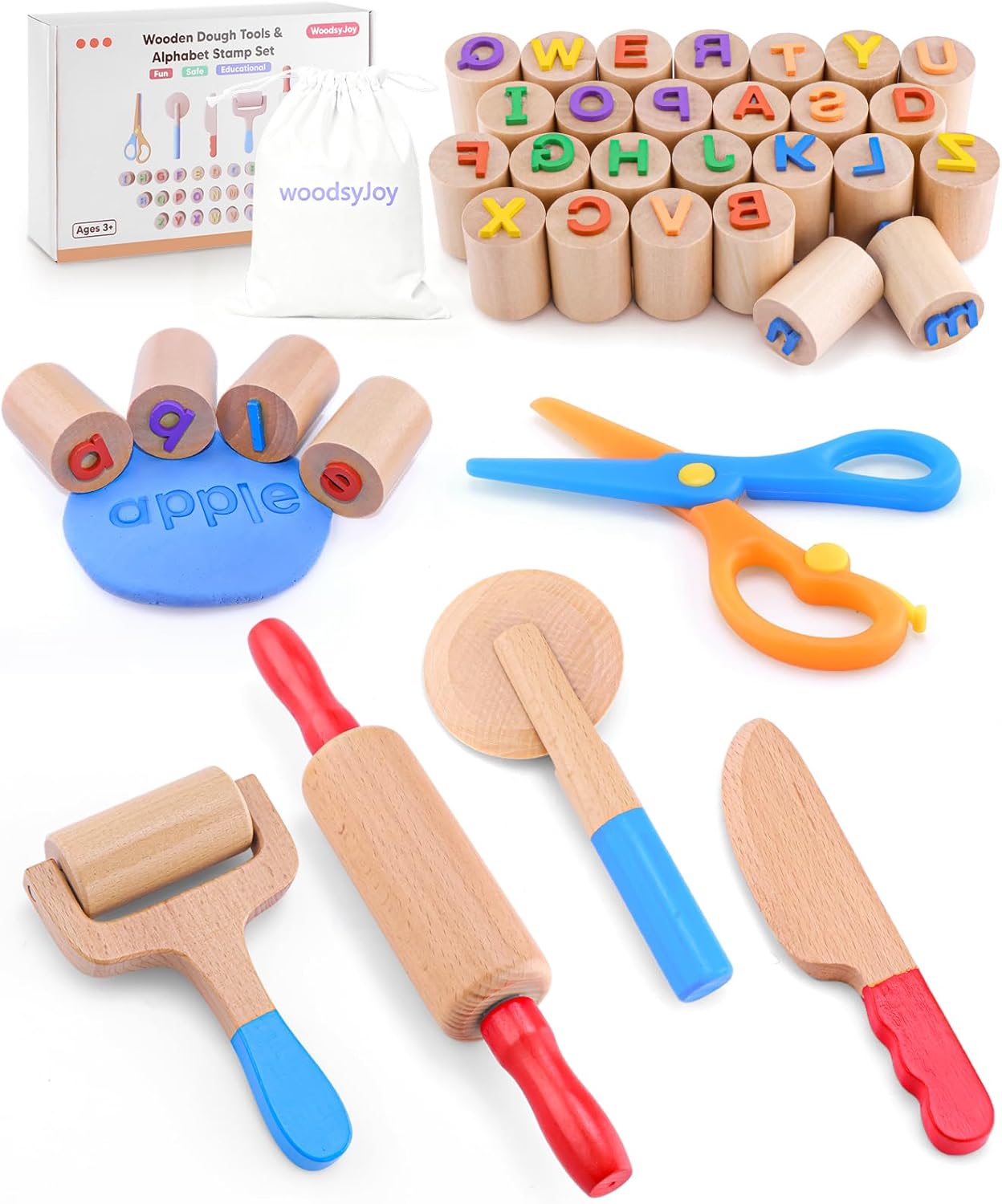 Wooden Dough Tools Kit for Kids, Dough Accessories with Rolling Pins, Pizza Cutter, Safety Scissors & 26 Letter Stamps, Educational Alphabet Learning Toys Gift for Toddlers Ages 3–6
