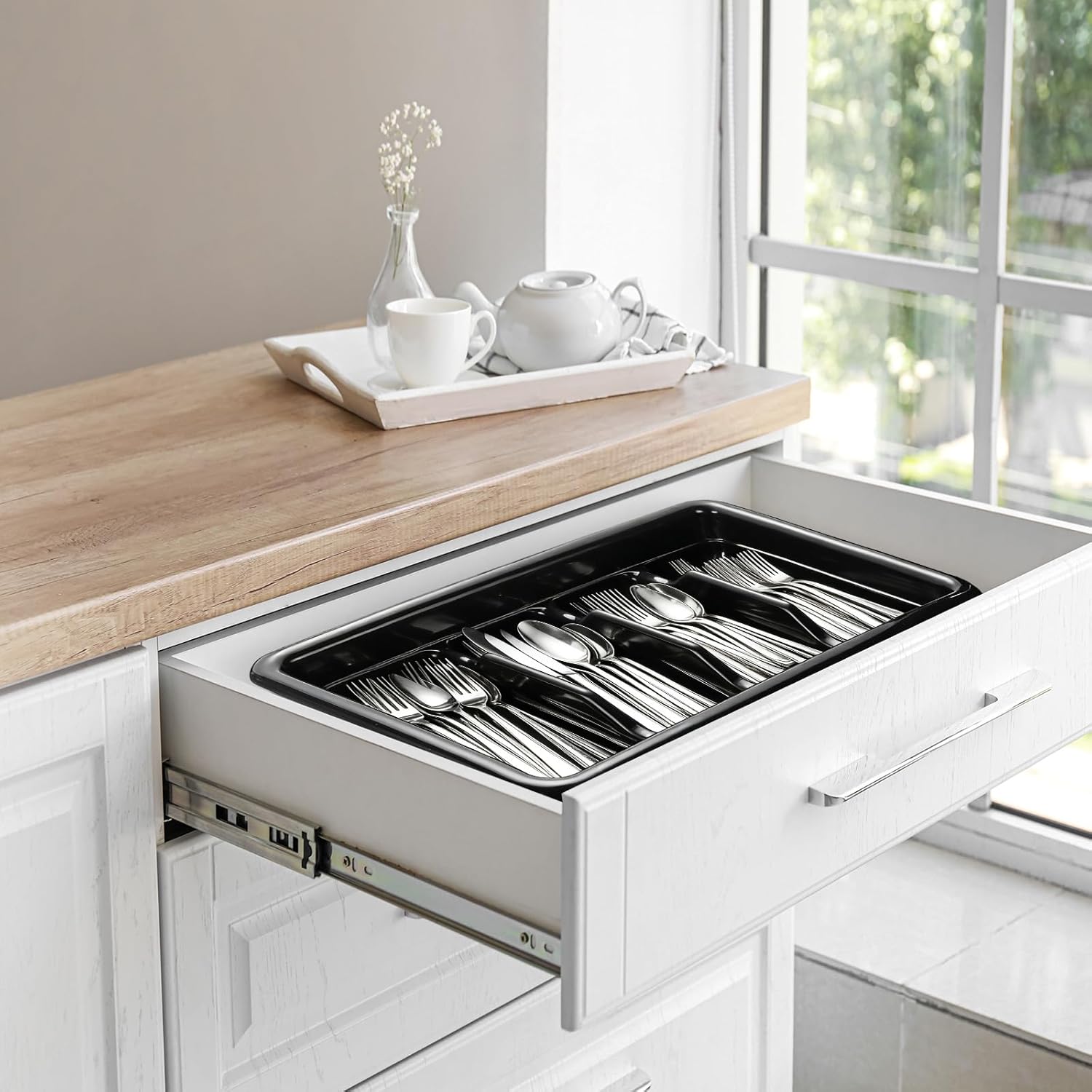 Maxdot 2 Pcs Silverware Organizer 4 Compartment Black Plastic Utensil Dispenser Flatware Drawer Silverware Tray Cutlery Holder Storage Box for Restaurant Kitchen Party Supply