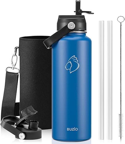 Miniatura 70 de BUZIO Botella de agua aislada de 24 oz, frasco de agua de boca ancha de acero inoxidable con tapa de pajita, frío durante 48 horas a prueba de
