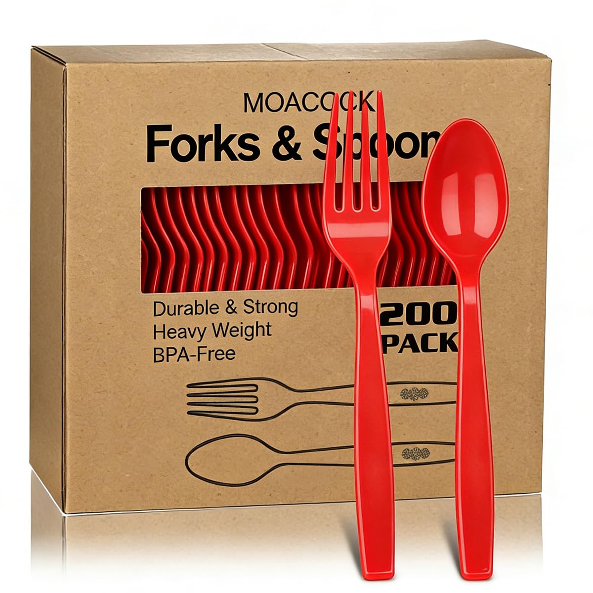 MOACOCK 200 Count Heavy Weight Red Plastic Forks and Spoons