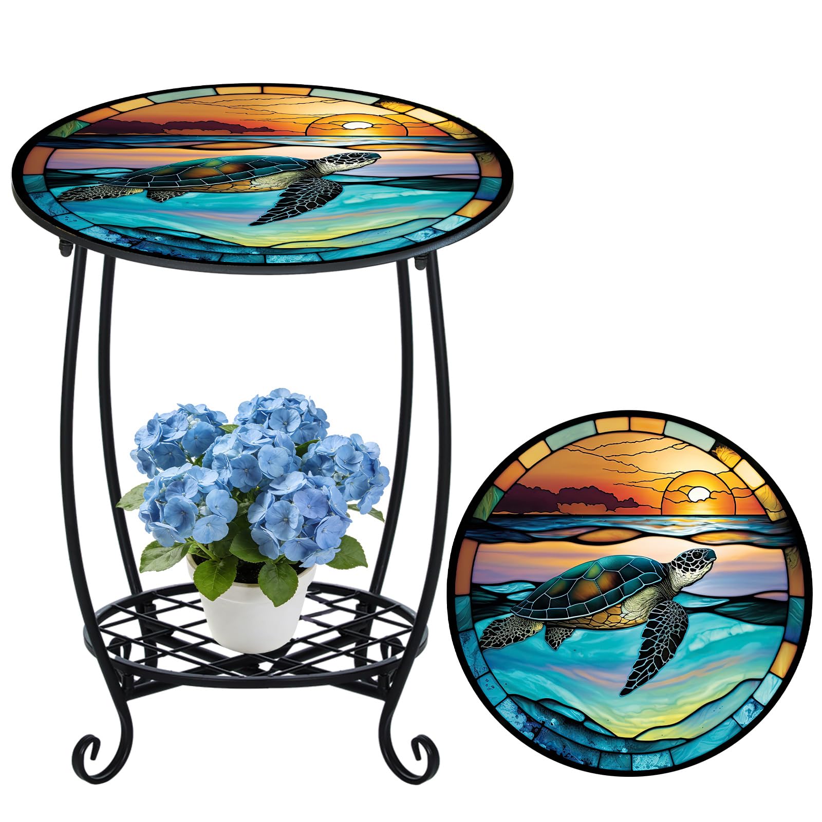 Cinnvoice Outdoor Side Table Round Small Mosaic Patio Accent Indoor End Plant Coffee Tea Table for Yard Patio Porch Garden Living Room, Bedroom(Turtle Style,18 Inch)