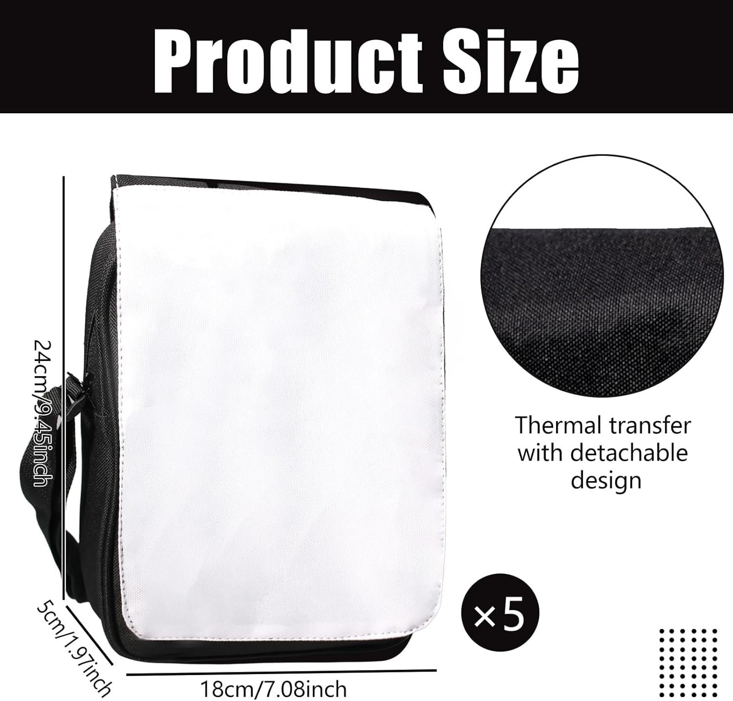 5 Pcs Sublimation Bags Blanks Sublimation Sport Bag Sublimation Shoulder Bag Sublimation Crossbody Bag DIY Sublimation Bags for Adults Children Father's Day Gifts, Black - Image 2