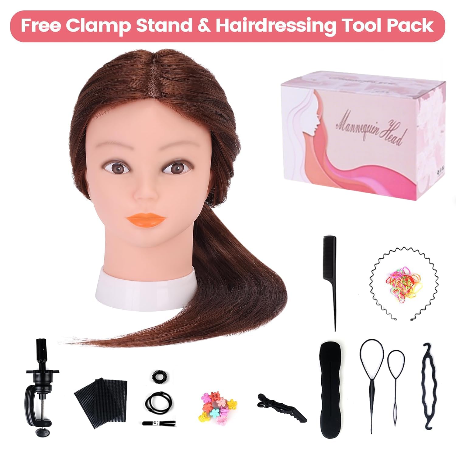 Mannequin Head with 80% Real Human Hair, MYSWEETY 26'' Hairdresser Practice Styling Training Head Cosmetology Manikin Doll Head with Clamp Holder, DIY Braiding Set