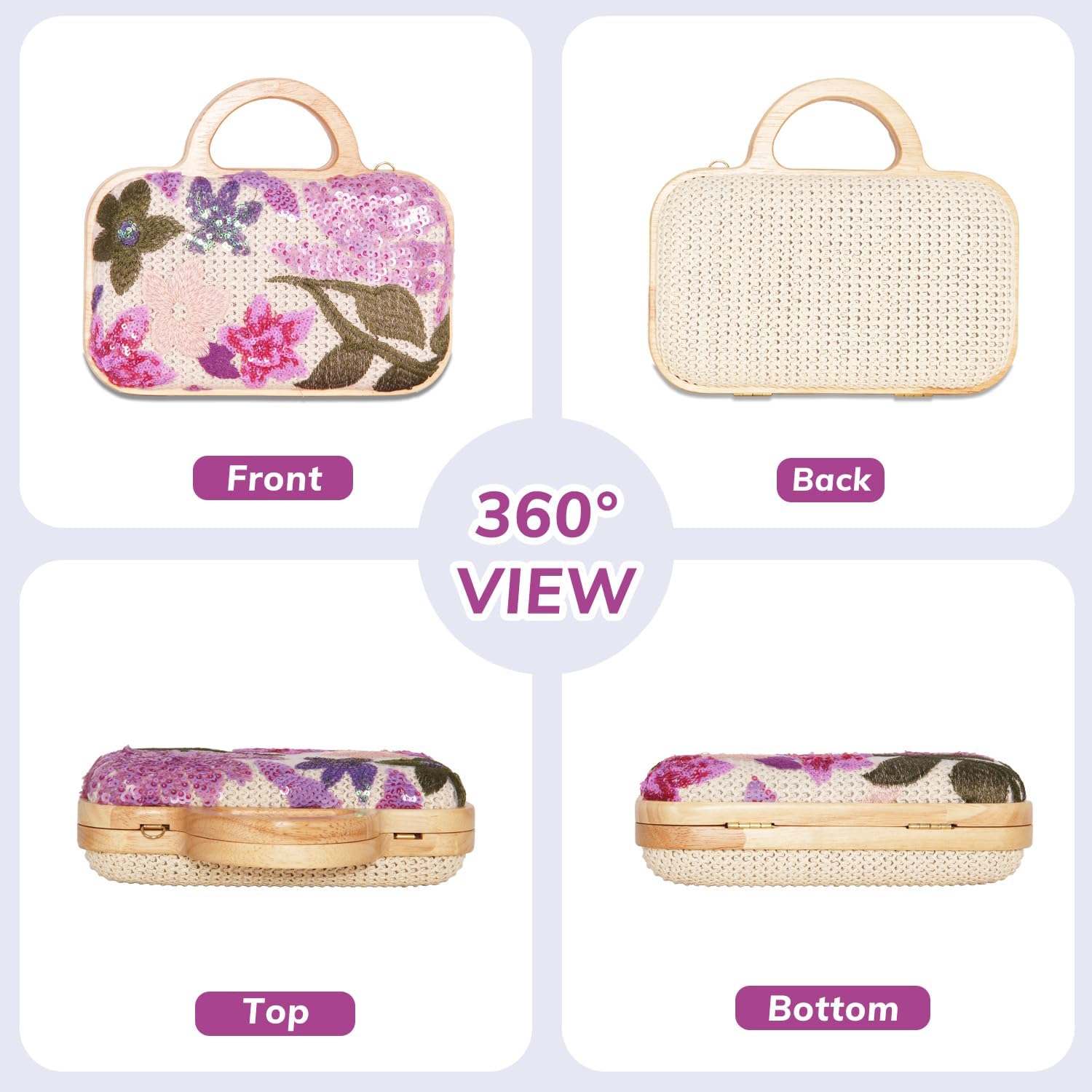 VNIMTI Floral Embroidery Sequin Clutch Evening Bag, Straw Beaded Purse for Women, Cute Ladies Wooden Handbag with Chain for Wedding, Party