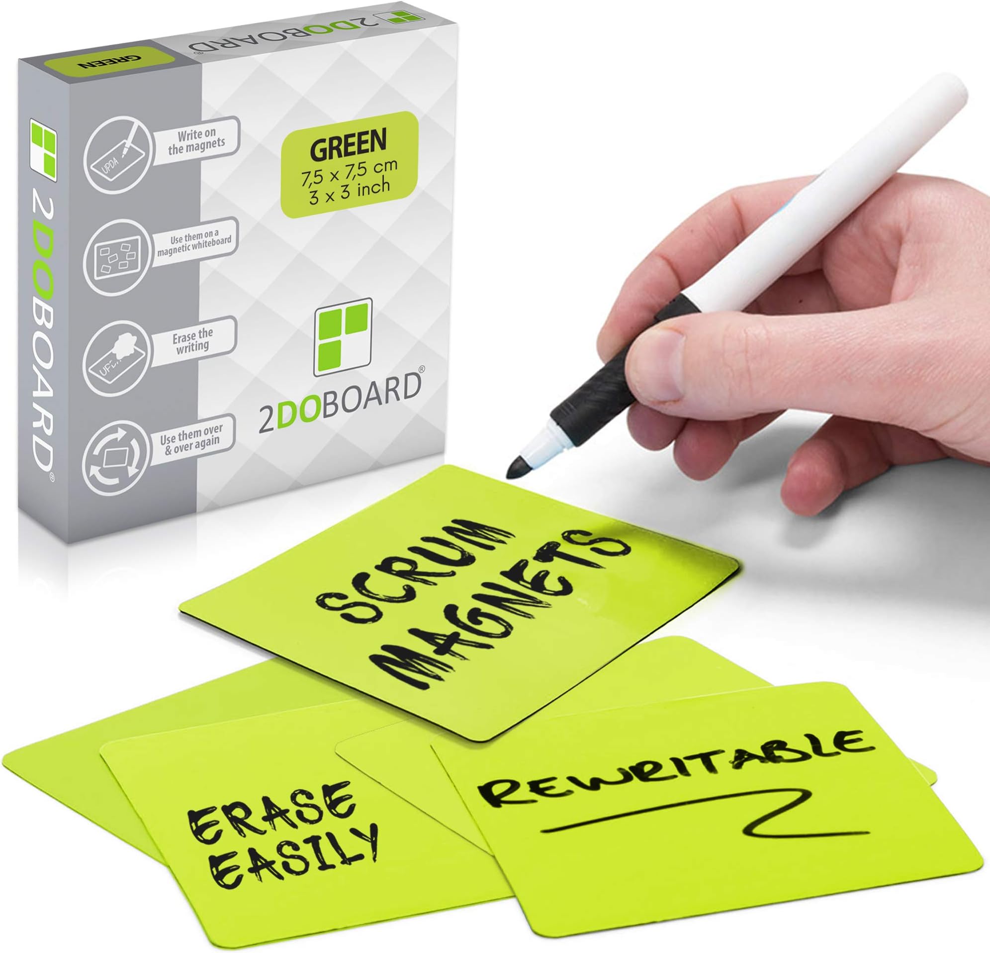 2DOBOARD Writeable Magnets - 7.5 x 7.5 cm Green - Pack of 25 - Kanban Magnets, Scrum Magnetic Cards or Magnetic Strips Writeable for Whiteboard and Fridge (Green)