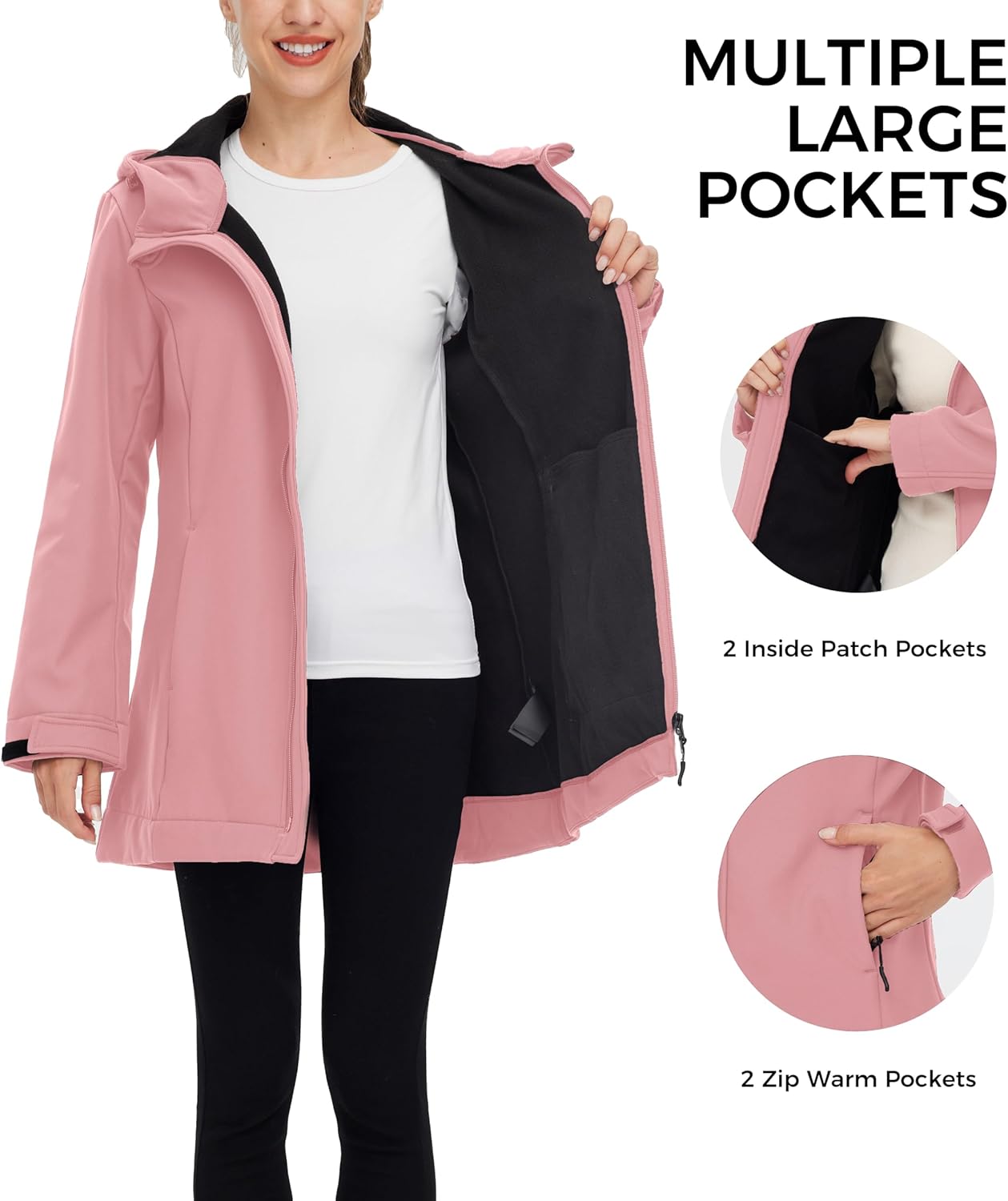 wantdo Women Softshell Jacket Fleece Lined Hooded Rain Coat Waterproof Windproof Windbreaker Jacket Lightweight Long Coat - Image 5