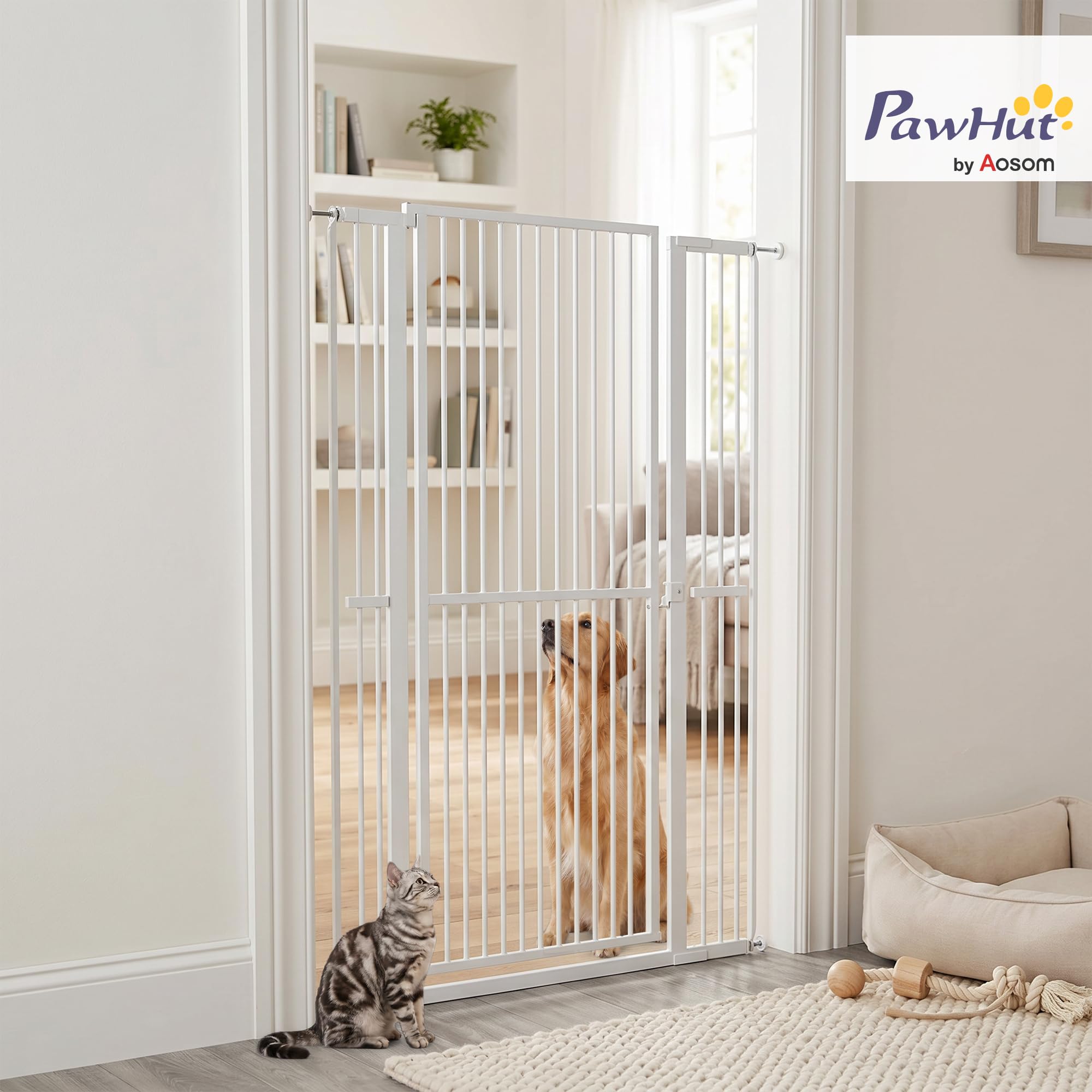 PawHut Barrera de Seguridad para Perros y Gatos Extra Alta 150 cm, Barrera para Perros Extensible 77-104 cm para Puertas y Escaleras, con Montaje a Presión, 2 Extensiones y Puerta de Paso, Blanco